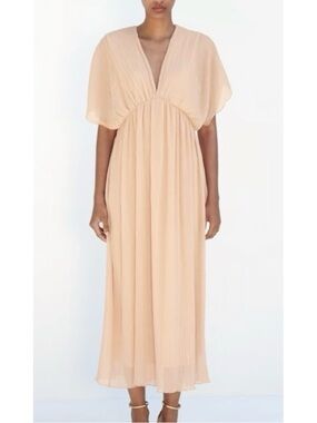 Zara pleated midi dress pastel pink peach bohemian XS coastal summer hippy